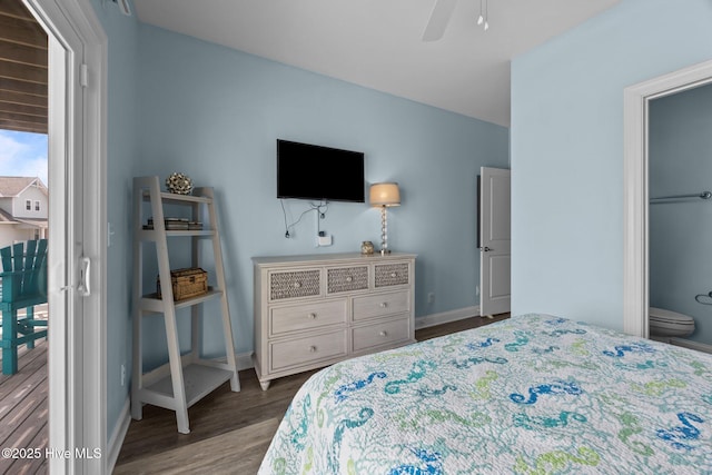 bedroom featuring wood finished floors, baseboards, and a ceiling fan
