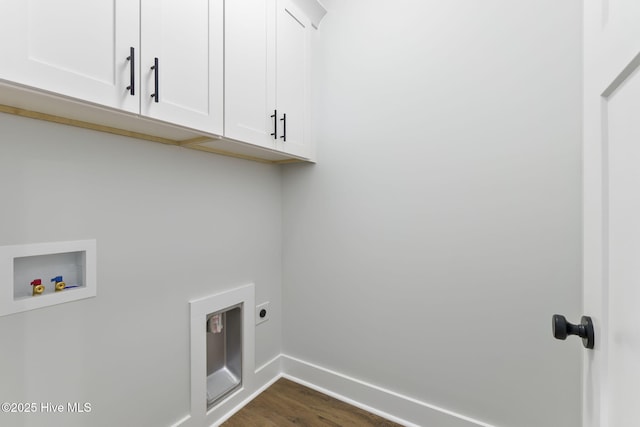 laundry room with cabinet space, washer hookup, baseboards, dark wood-type flooring, and hookup for an electric dryer