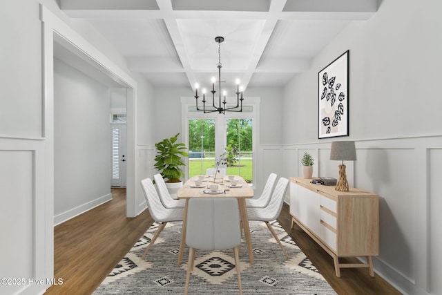 dining space featuring coffered ceiling, a chandelier, dark wood-type flooring, beamed ceiling, and a wainscoted wall