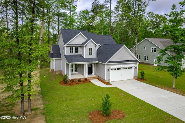traditional-style house with a garage, a porch, concrete driveway, a front lawn, and a shingled roof