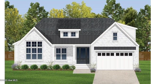 modern inspired farmhouse featuring fence, metal roof, concrete driveway, a front lawn, and a standing seam roof