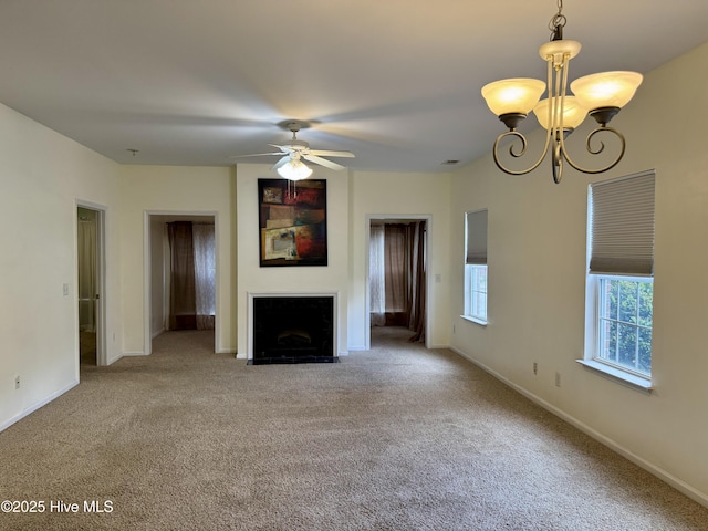 2400 King Richard Ct Unit D, Greenville, NC 27858 - unfurnished living room with carpet floors, a chandelier, a fireplace with flush hearth, a ceiling fan, and baseboards