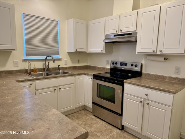 2400 King Richard Ct Unit D, Greenville, NC 27858 - kitchen featuring under cabinet range hood, electric stove, a sink, white cabinets, and dark countertops