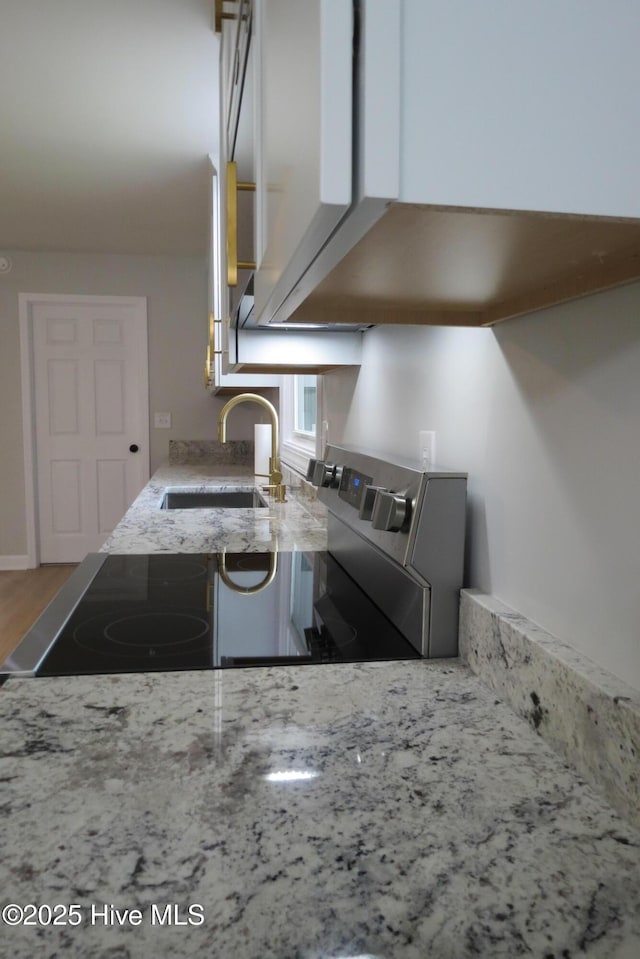 kitchen featuring a sink, white cabinetry, light stone counters, and wood finished floors