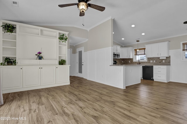 7404 Countywood Way, Wilmington, NC 28411 - unfurnished living room featuring lofted ceiling, ceiling fan, light wood finished floors, ornamental molding, and recessed lighting