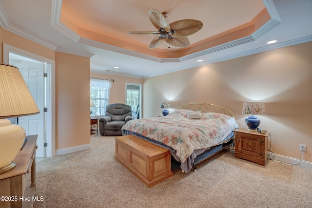 1106 Jamesford Ct, Leland, NC 28451 - bedroom with light carpet, ornamental molding, a tray ceiling, baseboards, and recessed lighting