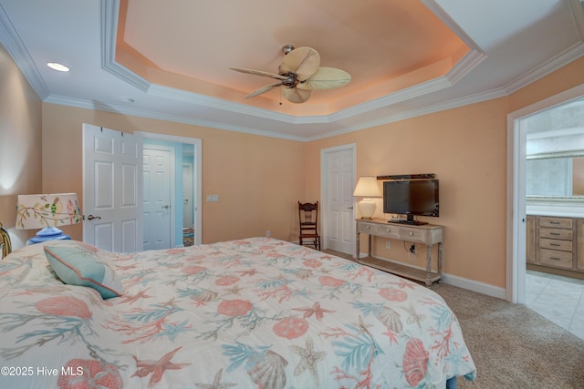 1106 Jamesford Ct, Leland, NC 28451 - bedroom featuring a tray ceiling, ornamental molding, carpet floors, and a ceiling fan