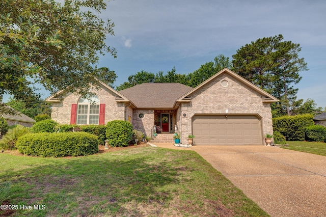 1106 Jamesford Ct, Leland, NC 28451 - ranch-style house featuring brick siding, a garage, concrete driveway, and a front lawn