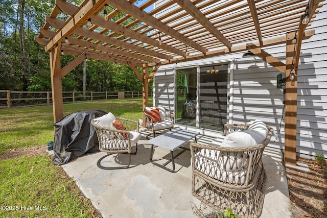 view of patio featuring a pergola and outdoor lounge area