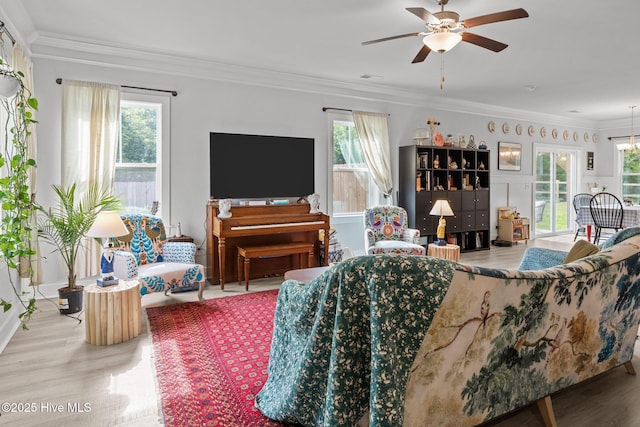 living area featuring ceiling fan, wood finished floors, plenty of natural light, and crown molding