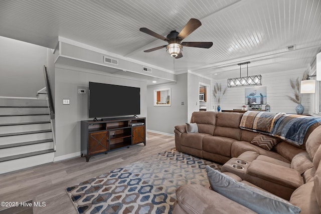 2 Harbour Walk, New Bern, NC 28562 - living room featuring baseboards, a ceiling fan, light wood-type flooring, and wooden ceiling