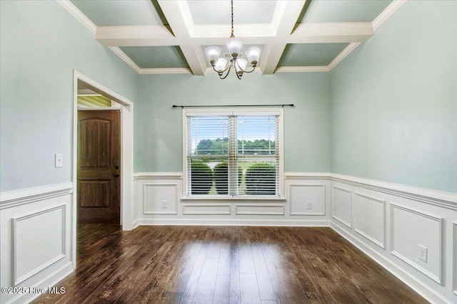 unfurnished dining area featuring an inviting chandelier, a wainscoted wall, beam ceiling, coffered ceiling, and dark wood-type flooring