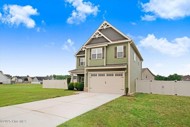craftsman house featuring a gate, a garage, fence, a front lawn, and driveway