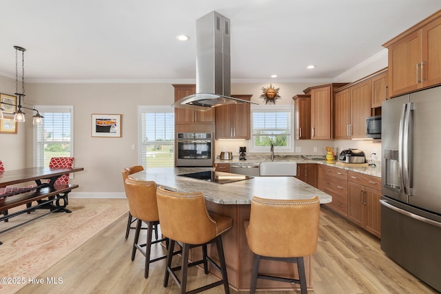 139 Sound Point Dr, Harkers Island, NC 28531 - kitchen featuring appliances with stainless steel finishes, island range hood, crown molding, light wood finished floors, and healthy amount of natural light