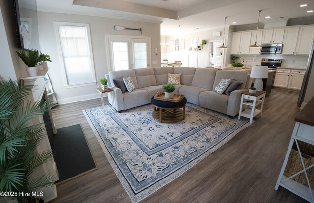 6959 Gracieuse Ln SW, Ocean Isle Beach, NC 28469 - living room with baseboards, dark wood-style floors, recessed lighting, a tray ceiling, and ornamental molding