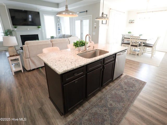 6959 Gracieuse Ln SW, Ocean Isle Beach, NC 28469 - kitchen featuring a sink, dishwasher, dark wood finished floors, a fireplace, and decorative light fixtures