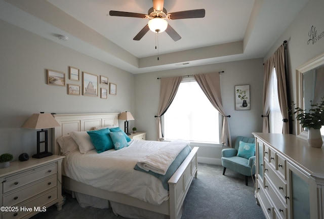 6959 Gracieuse Ln SW, Ocean Isle Beach, NC 28469 - bedroom featuring carpet floors, a raised ceiling, a ceiling fan, and baseboards