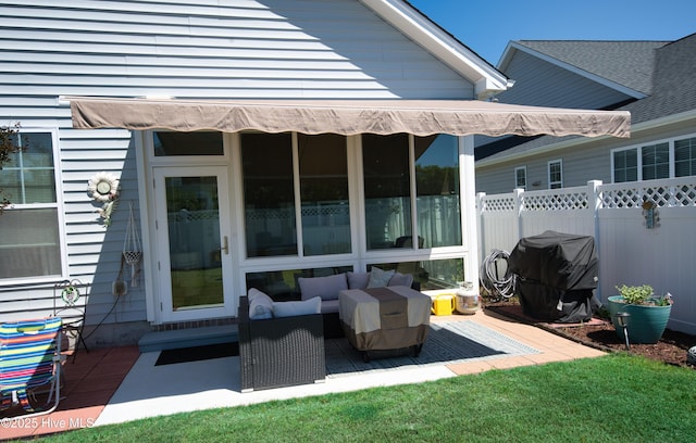 6959 Gracieuse Ln SW, Ocean Isle Beach, NC 28469 - view of patio / terrace featuring fence, grilling area, outdoor lounge area, and a wooden deck