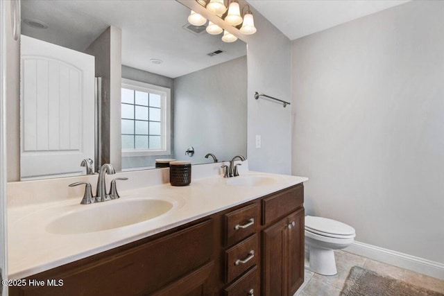 bathroom featuring a sink, double vanity, toilet, and visible vents