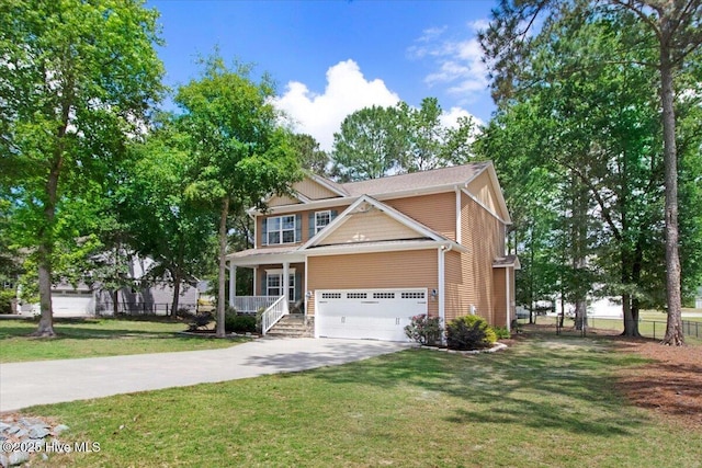 craftsman-style house with covered porch, a garage, fence, a front lawn, and driveway