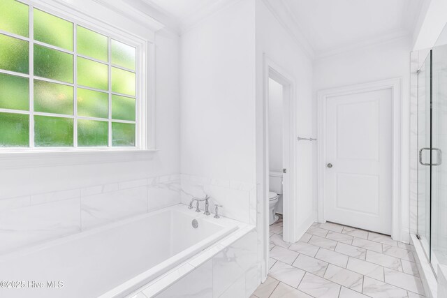 full bath featuring crown molding, toilet, a shower stall, and a bath