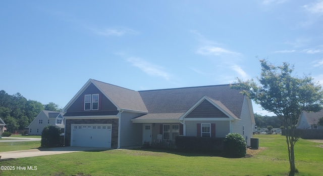 view of front of house featuring concrete driveway, a front lawn, an attached garage, cooling unit, and roof with shingles