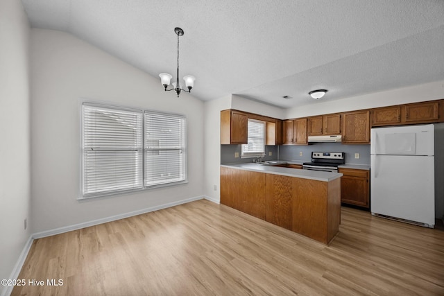 123 W Victoria Ct Unit F, Greenville, NC 27834 - kitchen with freestanding refrigerator, stainless steel range with electric cooktop, under cabinet range hood, brown cabinets, and light wood-type flooring