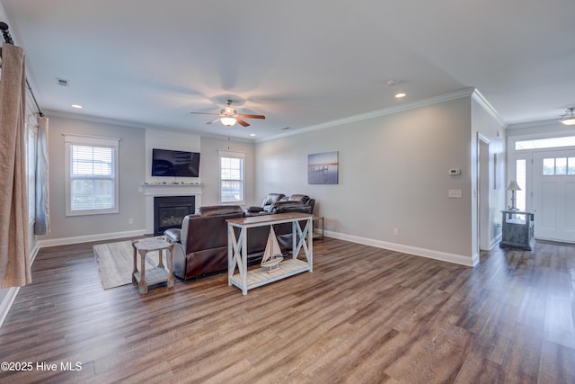 519 W Craftsman Way, Hampstead, NC 28443 - living area featuring ceiling fan, wood finished floors, baseboards, crown molding, and a glass covered fireplace