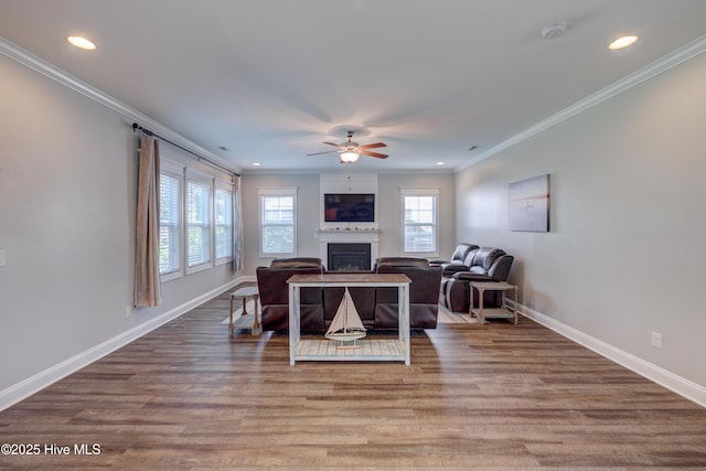 519 W Craftsman Way, Hampstead, NC 28443 - living room with a ceiling fan, a fireplace, ornamental molding, baseboards, and recessed lighting