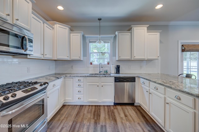 519 W Craftsman Way, Hampstead, NC 28443 - kitchen with stainless steel appliances, a sink, white cabinetry, plenty of natural light, and ornamental molding