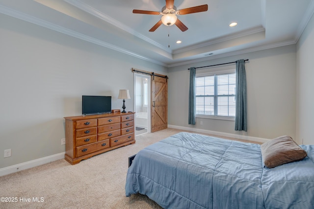 519 W Craftsman Way, Hampstead, NC 28443 - carpeted bedroom with a barn door, a tray ceiling, ornamental molding, baseboards, and recessed lighting
