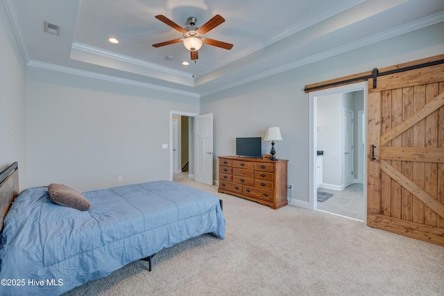 519 W Craftsman Way, Hampstead, NC 28443 - carpeted bedroom with a barn door, crown molding, a raised ceiling, recessed lighting, and a ceiling fan