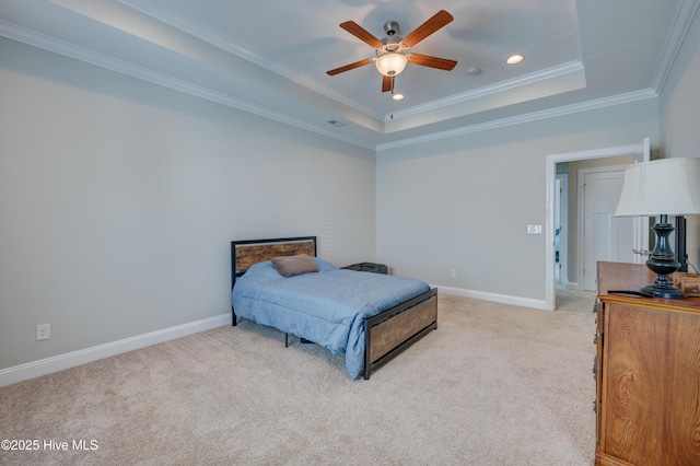 519 W Craftsman Way, Hampstead, NC 28443 - bedroom featuring light carpet, crown molding, a raised ceiling, recessed lighting, and baseboards