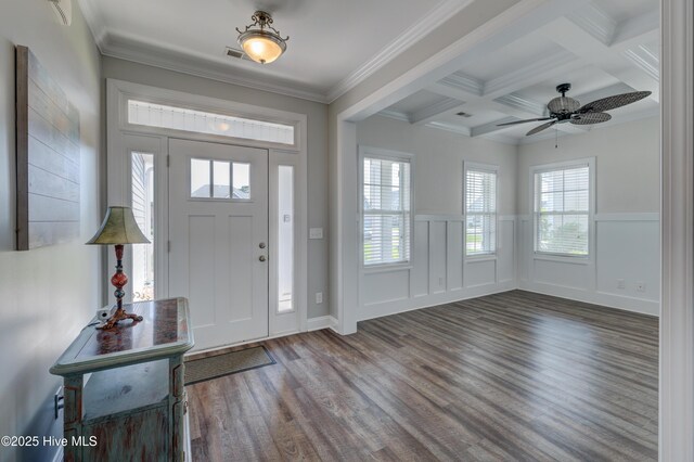 519 W Craftsman Way, Hampstead, NC 28443 - foyer entrance with wood finished floors, coffered ceiling, beamed ceiling, plenty of natural light, and ornamental molding