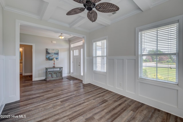 519 W Craftsman Way, Hampstead, NC 28443 - entrance foyer featuring a decorative wall, coffered ceiling, wood finished floors, beam ceiling, and ceiling fan