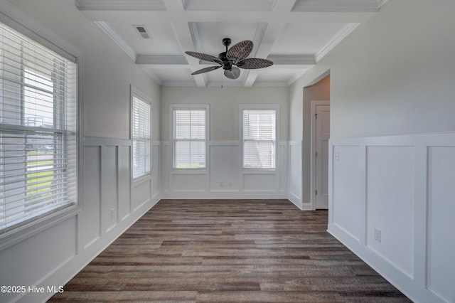 519 W Craftsman Way, Hampstead, NC 28443 - empty room with a decorative wall, beam ceiling, coffered ceiling, a wainscoted wall, and dark wood-style floors