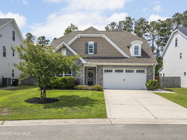 craftsman-style home with stone siding, concrete driveway, an attached garage, and a shingled roof