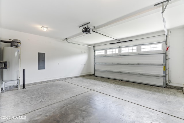 garage with electric panel, a garage door opener, and water heater