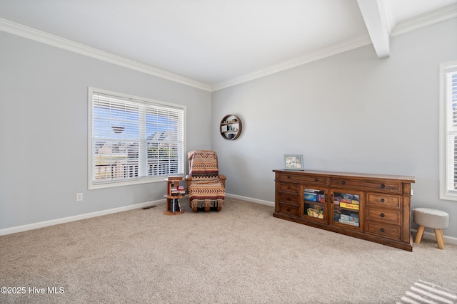living area featuring carpet, baseboards, visible vents, crown molding, and beamed ceiling