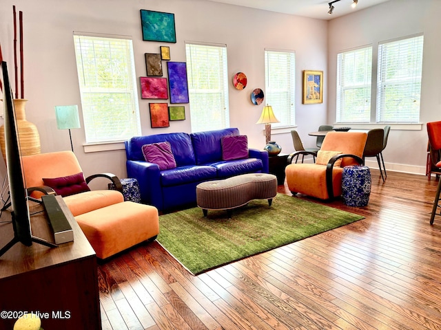 living room featuring hardwood / wood-style flooring and baseboards