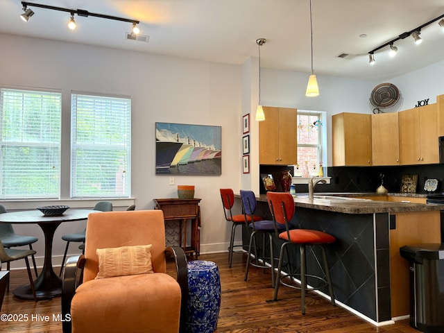 kitchen with rail lighting, dark wood finished floors, a kitchen breakfast bar, decorative backsplash, and decorative light fixtures