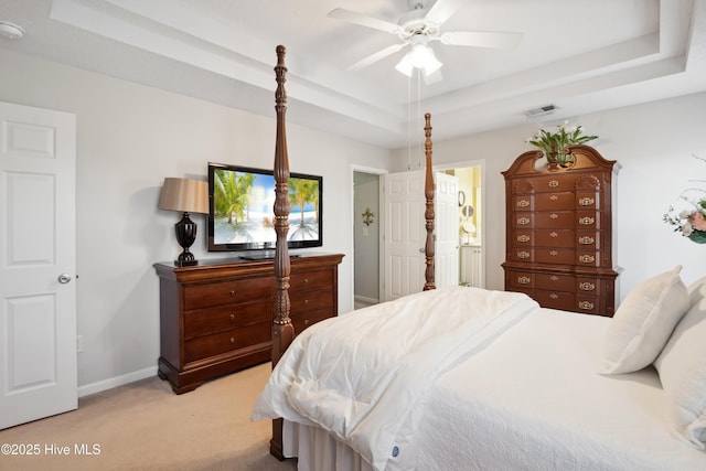 417 Pennington Loop, Myrtle Beach, SC 29588 - bedroom featuring a raised ceiling, light colored carpet, baseboards, ensuite bath, and ceiling fan
