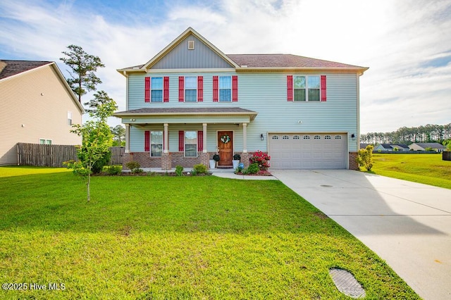view of front of property with an attached garage, covered porch, driveway, brick siding, and board and batten siding