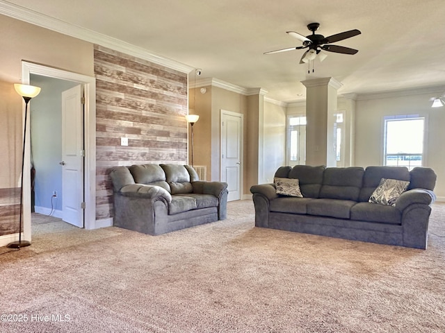 101 Pete Bunch Ln, Hobbsville, NC 27946 - living room featuring carpet, ceiling fan, crown molding, baseboards, and wood walls