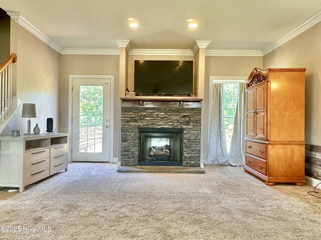 101 Pete Bunch Ln, Hobbsville, NC 27946 - living area with carpet flooring, crown molding, stairway, a stone fireplace, and recessed lighting