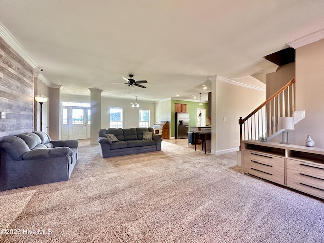 101 Pete Bunch Ln, Hobbsville, NC 27946 - living room with ornamental molding, light carpet, stairs, ceiling fan, and recessed lighting