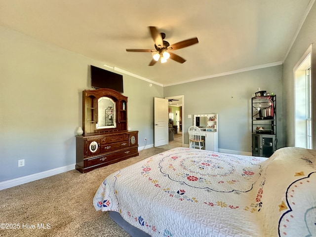 101 Pete Bunch Ln, Hobbsville, NC 27946 - bedroom with carpet floors, baseboards, crown molding, and a ceiling fan
