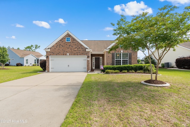 view of front of house featuring brick siding, driveway, a garage, a front lawn, and central AC