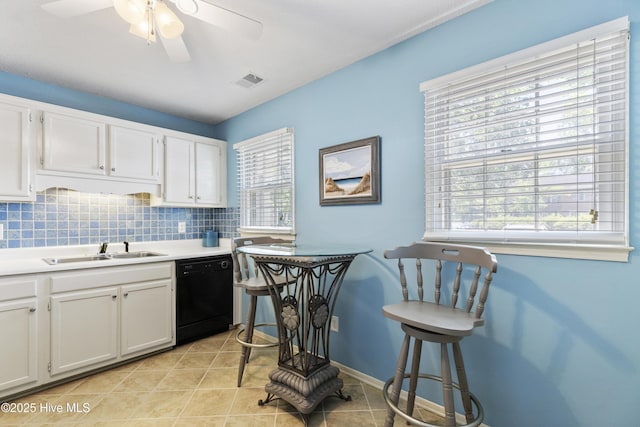 kitchen featuring a ceiling fan, dishwasher, visible vents, a sink, and white cabinets
