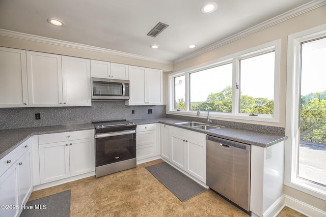 kitchen featuring stainless steel appliances, a sink, white cabinets, plenty of natural light, and crown molding